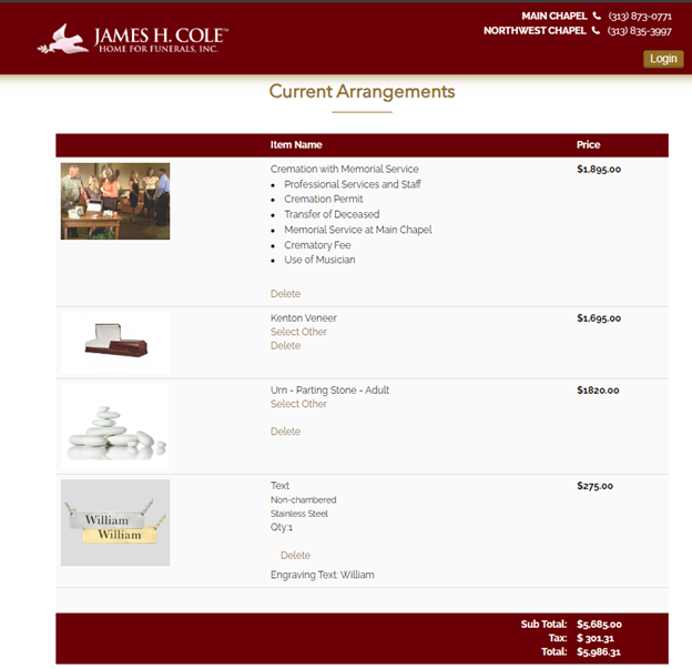 Online funeral planning checkout cart